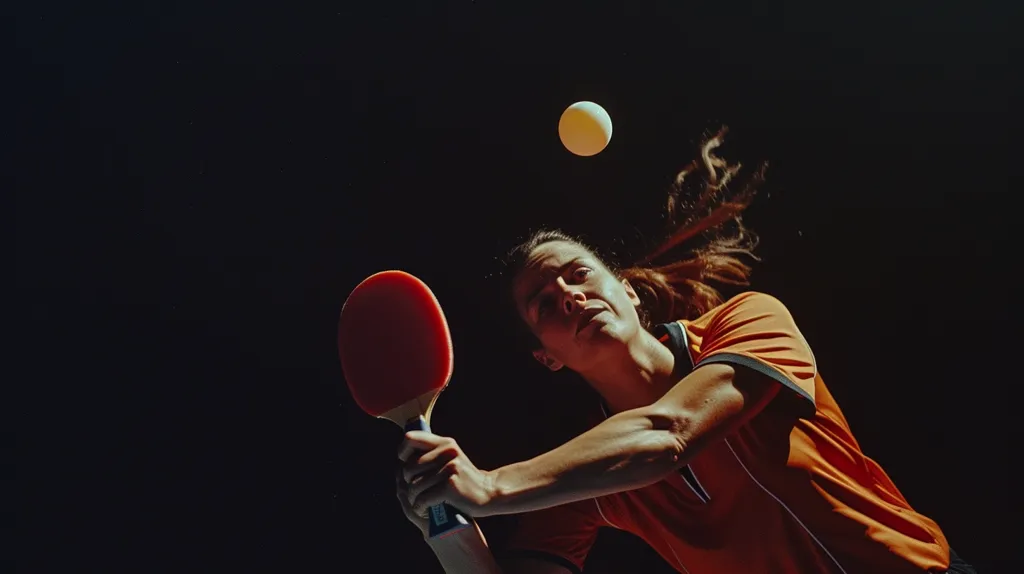 A female table tennis player in an orange jersey is mid-swing with a red paddle. She is focused on the white ball in mid-air. The background is dark, with only her form and the ball illuminated.  The image captures the intensity and focus of the sport.