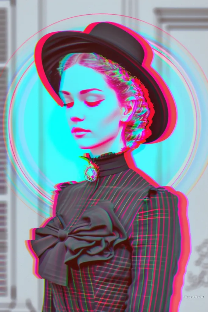 A woman with a black hat and a striped dress is the subject of a portrait. The image has a distorted, glitch-like effect, with colors appearing in a vibrant, discolored way. A halo of light surrounds her, adding a sense of mystery and intrigue. The background is blurred, placing focus on the woman.
