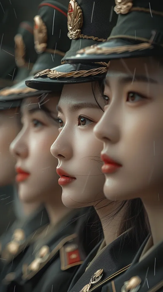 Three women, all wearing military uniforms and hats, stand close together with serious expressions on their faces. Rain falls around them, creating a sense of solemnity. The focus is on the woman in the foreground, whose determined gaze is captured in detail. The image suggests a moment of unity and purpose within the military.