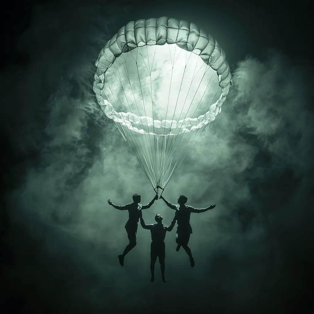Three silhouetted figures are suspended in the air, connected by ropes to a large parachute. The parachute is open and billowing, creating a glowing white circle in the dark sky. The background is filled with swirling grey clouds, making the image look mysterious and dramatic.