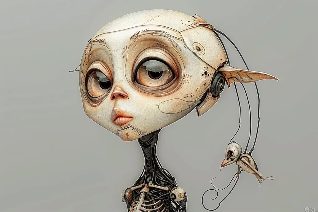The image shows a cartoon robot with a round, white head and large, expressive eyes. The robot's body is made of exposed wires and gears, and it has a small, bird-like creature attached to its side. The robot's expression is slightly sad, and it appears to be looking off to the side. The image is rendered in a realistic style, with detailed textures and lighting. The background is a simple, light grey.