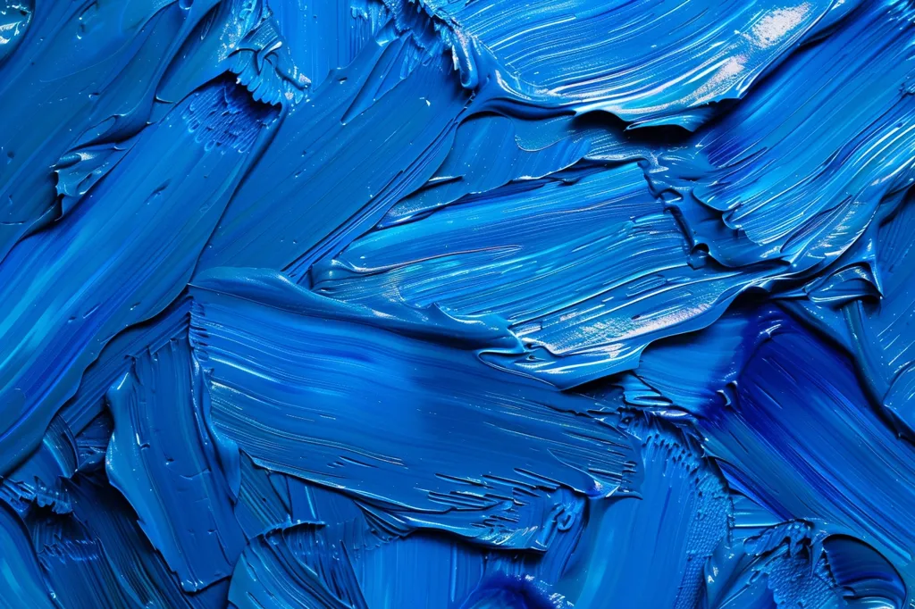 The image is a close-up of a blue oil painting. The paint has been applied in thick, textured strokes, creating a sense of movement and depth. The blue hues range from deep cobalt to a lighter, almost turquoise blue. The surface of the painting is glossy, reflecting light and adding to the vibrant feel of the piece. The abstract nature of the painting allows for different interpretations and evokes a feeling of energy and dynamism.