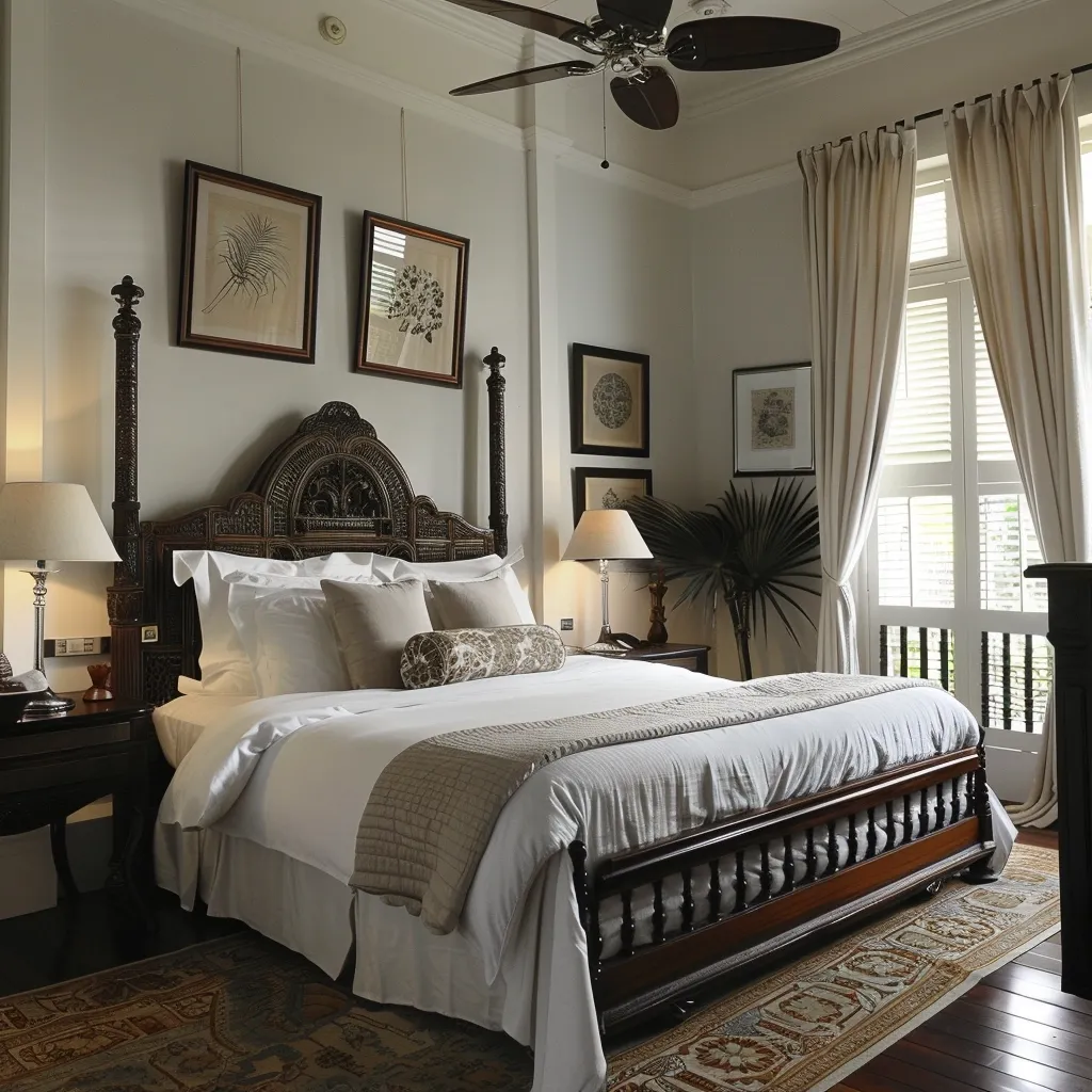 A luxurious bedroom with a four-poster bed adorned with plush white linens and a decorative throw pillow. The room features dark wood furniture, including bedside tables and a ceiling fan. Two framed botanical prints and a ceiling fan add a touch of elegance. Natural light filters through the white curtains and shutters, illuminating the space.  An ornate patterned rug covers the hardwood floors.
