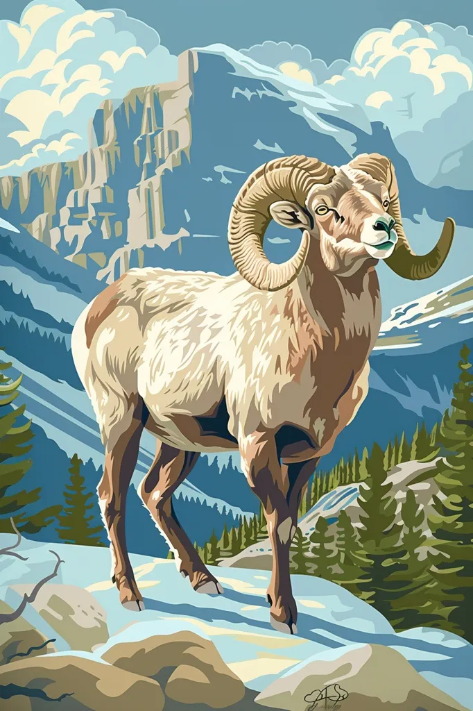 A large bighorn sheep stands on a snowy mountainside. It is looking to the right with its large, curled horns prominent. The background features a rocky mountain range, with clouds and a blue sky. Green trees and bushes are scattered around the base of the mountain. The sheep's fur is a creamy white color, with brown accents on its legs.