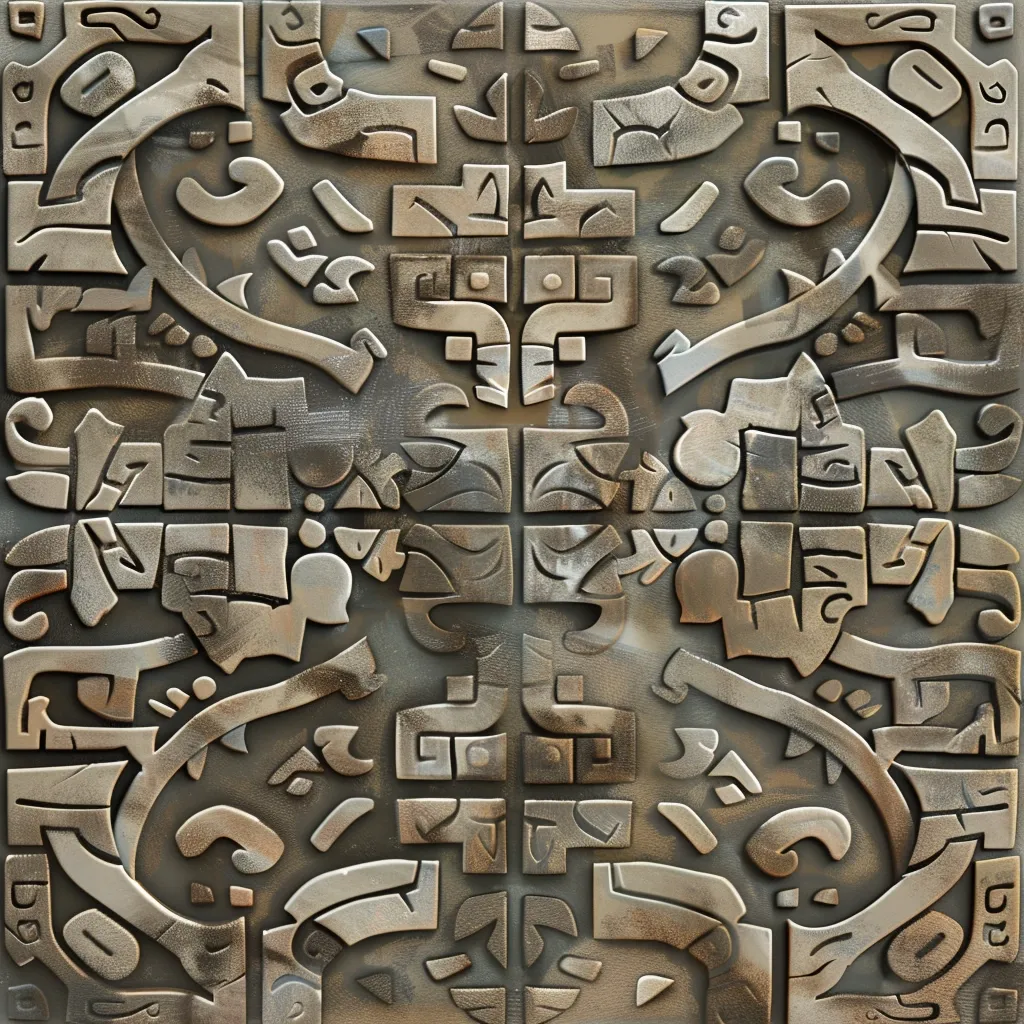 The image shows a close-up of a textured, abstract design. It features an intricate pattern of geometric shapes, lines, and curves, all embossed and carved into the surface. The color palette is dominated by shades of brown, beige, and gray, creating a sense of depth and dimension. The design has a slightly metallic sheen, hinting at a possible metal or stone composition. The overall effect is one of intricate detail and captivating texture.