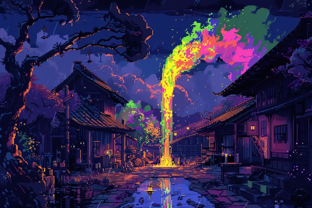 The image depicts a pixelated night scene with a whimsical, almost dream-like quality. A vibrant, rainbow-like stream of light erupts from the center of the image, casting a colorful glow on the surrounding buildings and trees. The buildings appear to be Japanese-style, with intricate roofs and traditional lanterns. The atmosphere is serene and magical, with a sense of wonder and mystery.  Rain falls softly, creating puddles reflecting the magical light.