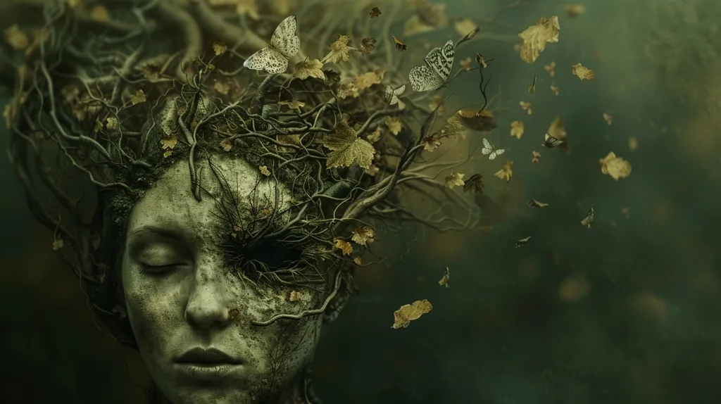 A woman's face, partially obscured by gnarled tree branches and leaves, stares directly at the viewer with her eyes closed. The image is set against a dark green background, with a sense of mystery and wonder. A delicate sense of nature's power pervades the image.