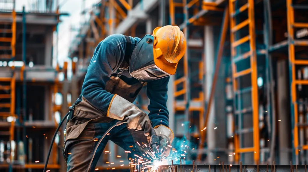 A construction worker wearing a yellow hard hat and welding mask is welding a metal beam. Sparks are flying from the welding torch. He is wearing blue overalls and gloves. The background is a blurry image of a construction site.  The image captures the hard work and dedication of construction workers.  The sparks and smoke add a sense of danger and excitement to the scene.