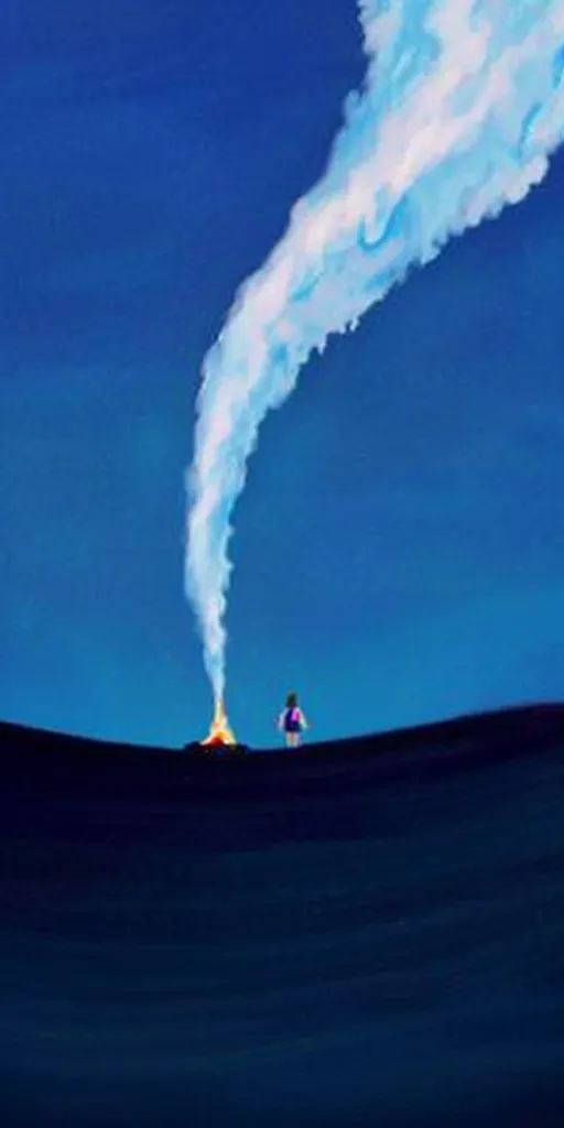 A single figure stands in front of a small fire, gazing up at a plume of smoke billowing upwards against a bright blue sky. The smoke is a pale blue and white, with a hint of pink near its base, and it curves gracefully as it ascends. The figure appears to be a young woman, dressed in a purple shirt and dark pants. The ground below is a deep blue, adding to the peaceful and serene atmosphere of the image.  The scene evokes a sense of solitude, contemplation, and connection to nature.