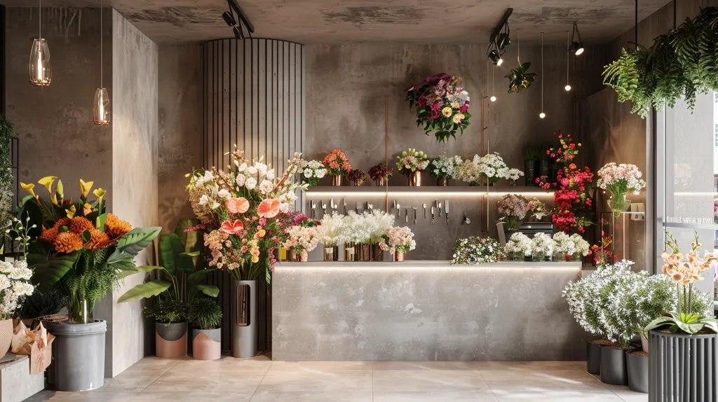 A flower shop with a modern industrial design. The shop has concrete walls, a concrete counter, and wooden slat walls. The shop is decorated with various types of flowers, including roses, lilies, and orchids. The shop also has a window looking out onto a street. The overall feel of the shop is modern and stylish.