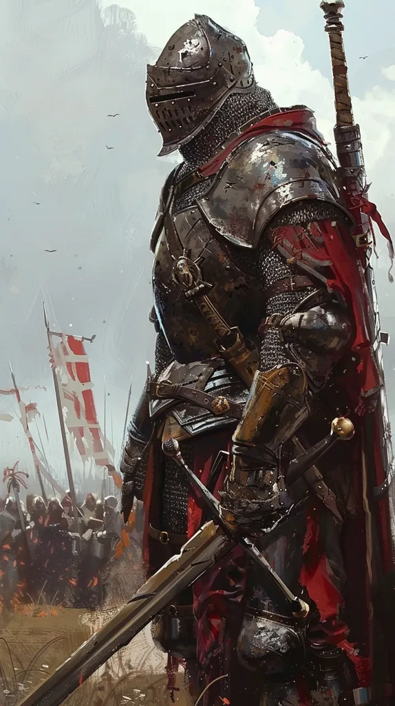 A knight in full plate armor stands amidst a battlefield, his face obscured by a helmet. He is holding a sword and his red cape billows behind him, while a large army of knights can be seen behind him, marching forward. The scene is full of dramatic lighting and gritty detail, capturing the intensity of a medieval battle.