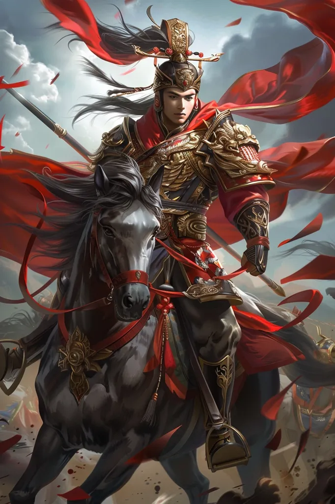 A warrior clad in golden armor and a crimson robe rides a black horse. His long black hair flows behind him as he holds a spear. He wears a golden helmet with a red plume. A red cape billows behind him, adding to his regal and fierce appearance. The scene is painted with a dramatic flair, suggesting a moment of battle or conquest.