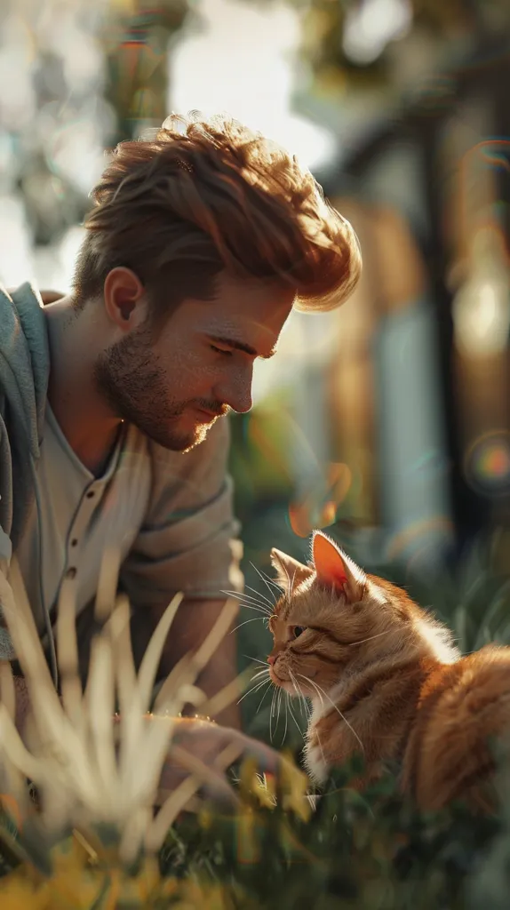 A man with tousled blond hair looks down at a ginger cat. The man is wearing a light grey shirt and has a beard. The cat is looking at the man with interest. The scene is outdoors, with green foliage surrounding the pair. The sunlight is casting a warm glow over the scene.