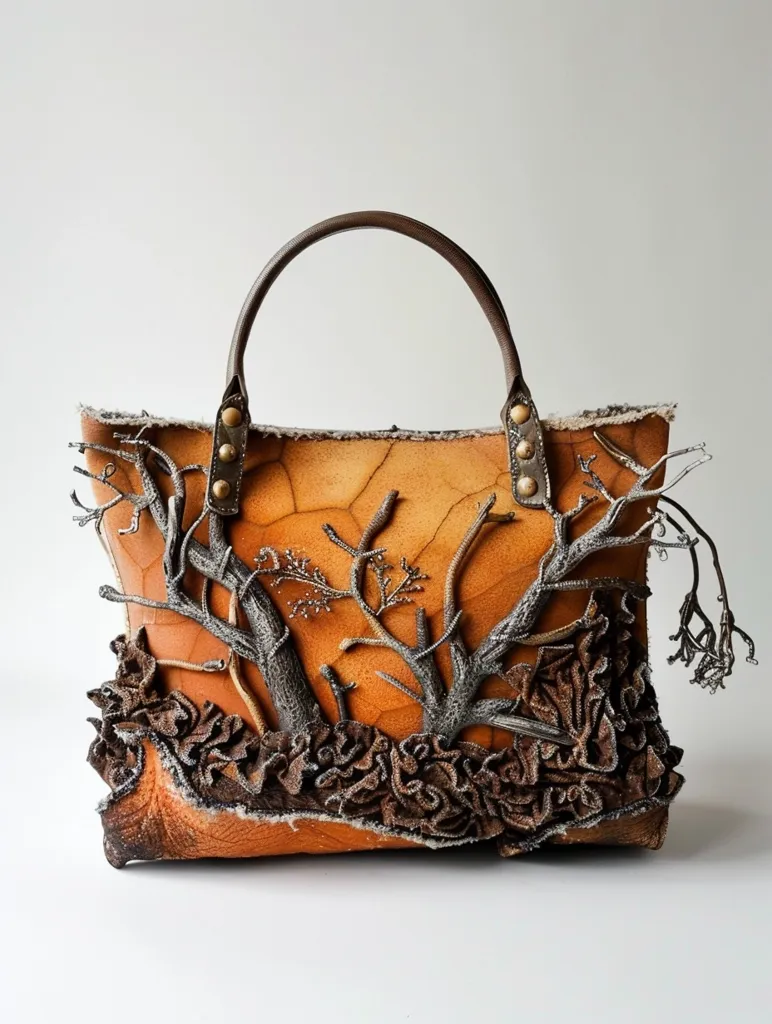 The handbag is made of brown leather and features intricate detailing. The bag's design is inspired by nature, featuring two stylized trees with branches and leaves, adorned with metallic accents. The bottom of the bag has a decorative ruffle.  The bag has a brown leather handle with metal accents. The handbag is a unique and eye-catching piece with a rustic and elegant style.