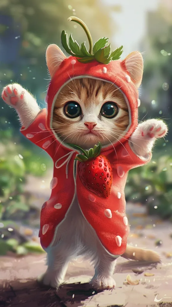 A cute, white and brown tabby cat is dressed in a red strawberry costume. The cat has big, bright eyes and a sweet expression. The strawberry costume has a green stem and leaves, and is covered in white polka dots. The cat is standing on a dirt path with green foliage in the background.  The scene is warm and whimsical.