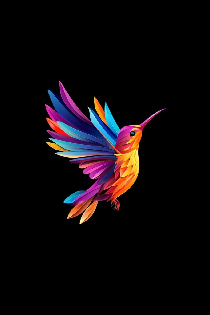 A vibrant, colorful hummingbird with a long, slender beak is depicted against a stark black background. Its feathers are a kaleidoscope of hues, ranging from deep purple and blue to bright orange and yellow. The hummingbird's wings are spread wide, creating a dynamic, energetic pose. The image is a stylized representation, emphasizing the beauty and intricate patterns of the bird's plumage.