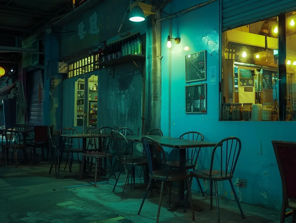 A dimly lit alleyway in a city with turquoise walls and a small restaurant. A window displays shelves of jars and the interior of the restaurant. The scene is set at night, with only street lights illuminating the scene. Several metal chairs and tables are arranged on the sidewalk outside the restaurant, suggesting a late-night dining experience.  The alleyway is quiet and peaceful, creating an inviting ambiance.  The blue and yellow tones of the image enhance the sense of serenity and tranquility.