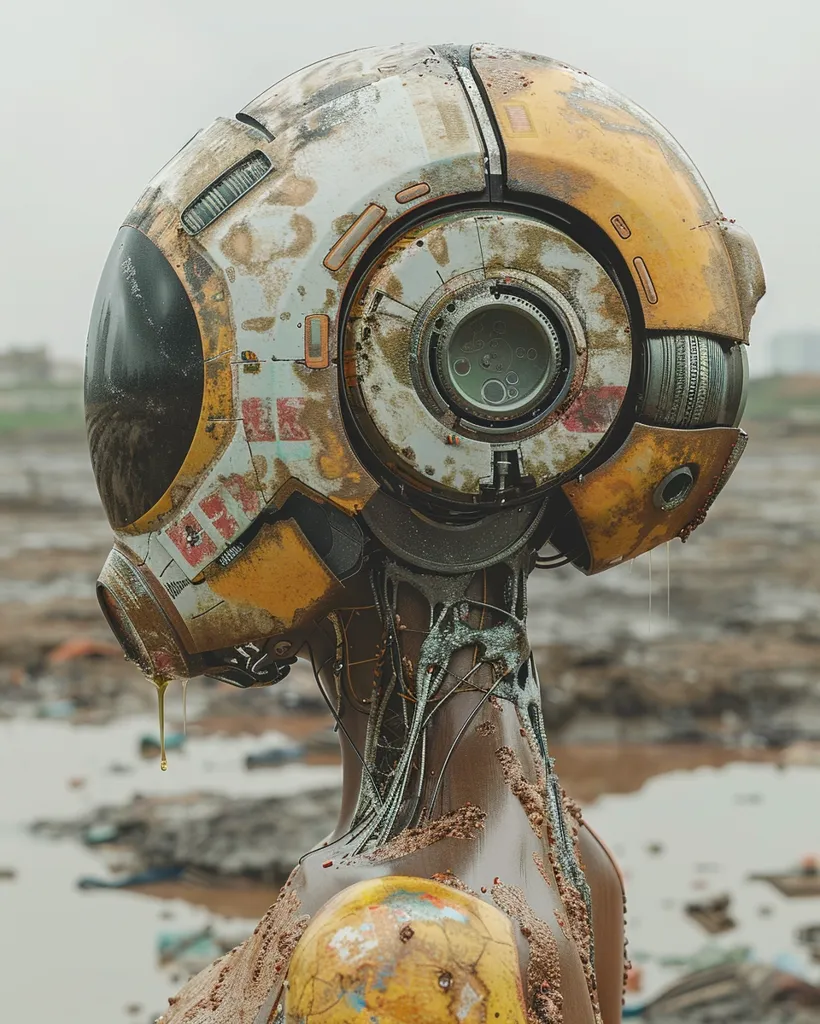 A weathered and worn robotic figure stands in a desolate, muddy landscape. Its head is a spherical, yellow and white helmet with a large, circular visor. The helmet is covered in dirt and grime, and a single drip of liquid falls from its lower edge. The figure's body is also covered in mud, and its exposed wiring suggests a mechanical or cyborg origin. The overall image evokes a sense of post-apocalyptic desolation and the resilience of technology in a harsh environment.