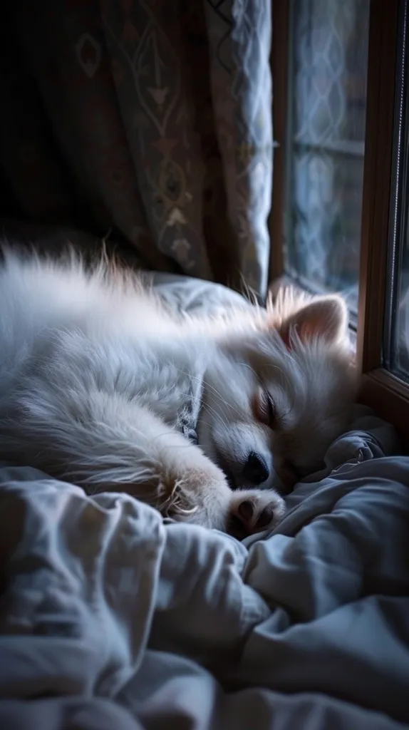 A white furry dog is sleeping soundly on a bed with a window behind it. The dog's paws are curled up, and its head is resting on the pillow. The bed is made with white and blue linens. The light from the window is illuminating the dog's fur and the bed. The overall image is peaceful and calming.