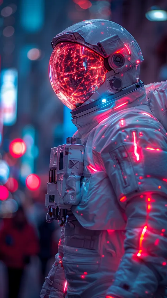 An astronaut, clad in a white spacesuit, walks through a neon-lit city. The astronaut's helmet is glowing red, casting an ethereal glow on their face. The city's lights reflect off their suit, creating a dazzling spectacle. The image captures a futuristic vision of space exploration and the intersection of technology and urban life.  The scene is both surreal and strangely compelling, hinting at a world where astronauts walk among us.