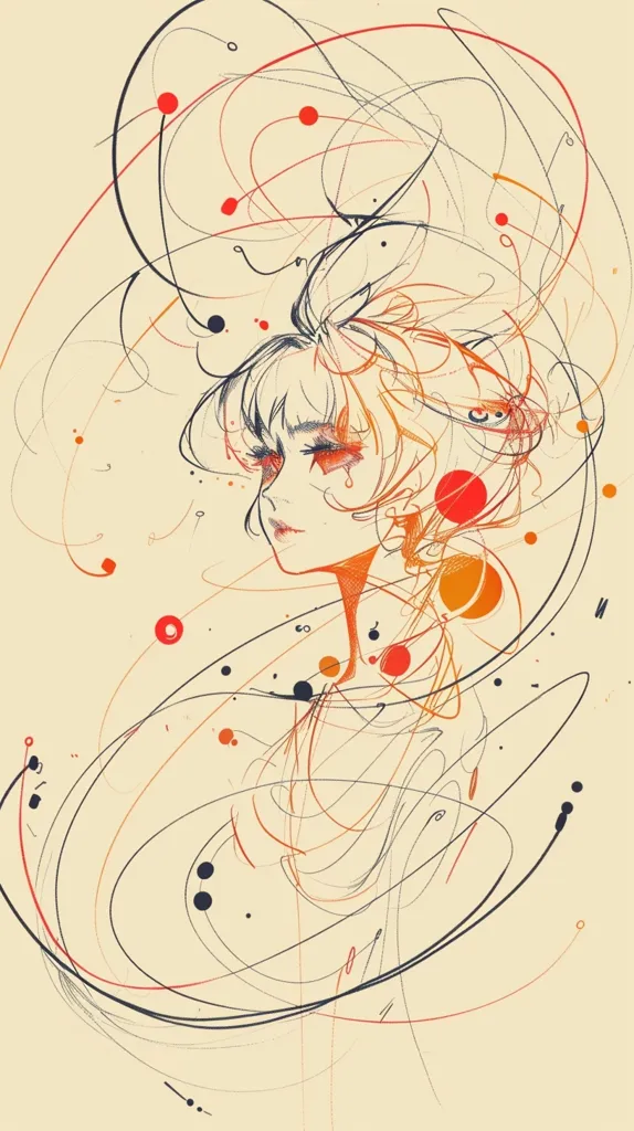 The image is an abstract drawing of a woman's face with flowing lines and swirls. The woman has long blonde hair and is looking to the side. She is surrounded by a chaotic array of red, orange, and black lines and dots, creating a sense of movement and energy. The background is a light beige color.  The artwork has a whimsical and dreamy aesthetic.