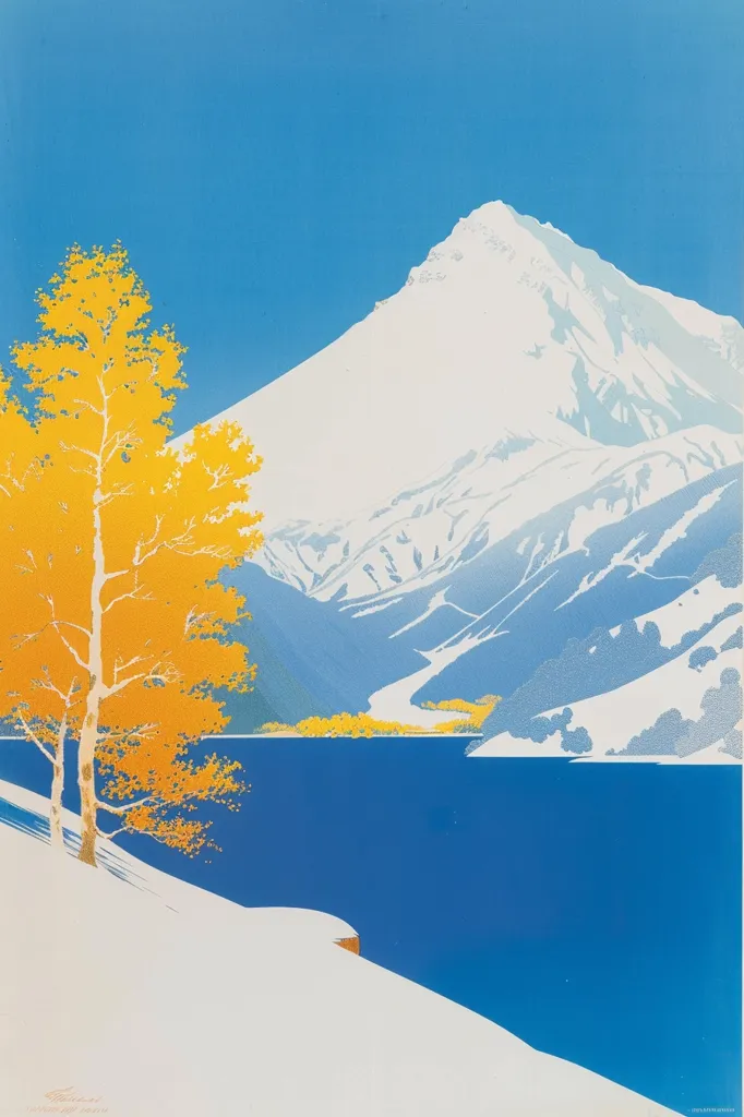 The image is a stylized depiction of a snow-capped mountain in the background, with a foreground of a snow-covered hill and a blue lake. A single yellow tree stands out against the white snow and blue sky. The use of bright colors and simple lines creates a striking visual contrast. The overall impression is one of serenity and beauty.