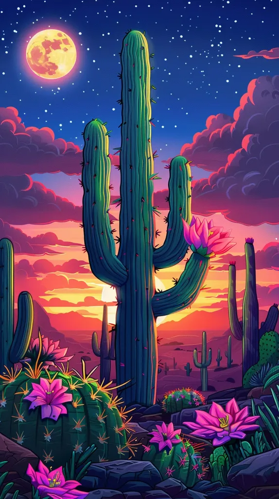 A tall, green cactus stands in the center of the image, its silhouette outlined against a vibrant sunset sky. The cactus has three arms, and one arm is adorned with a large pink flower.  Smaller cacti surround the central cactus, along with other desert flora, and the scene is bathed in a warm, orange glow. A large, bright moon hangs in the star-filled sky. The colors in the image are bold and saturated, giving the scene a surreal, almost dreamlike quality.