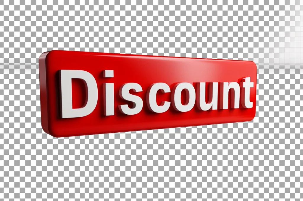 The image shows a red, rectangular, 3D button with the word "Discount" in white, bold lettering. The button is slightly angled and has a glossy finish. The background is a checkered pattern, suggesting transparency. The image is likely designed for advertising or promotion purposes, highlighting the concept of a discount or sale.
