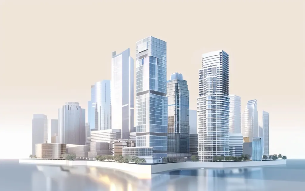 The image depicts a modern cityscape with a collection of sleek, glass-clad skyscrapers. The buildings are arranged in a cluster, with varying heights and styles, reflecting the dynamism of urban life. The buildings stand against a soft, beige sky, and are reflected in the calm waters below, creating a sense of serenity and harmony.