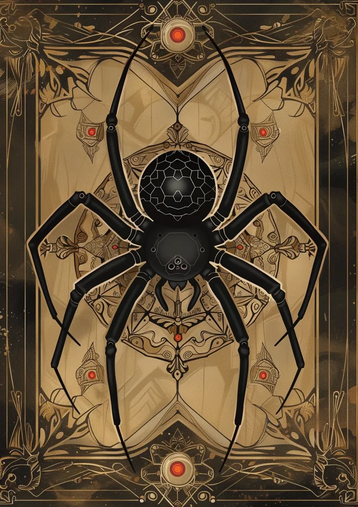 The image is an illustration of a black spider with a geometrically patterned body, set against a background of intricate, gold and brown patterns. The spider is rendered in a highly detailed style, with a black, segmented body and long, spindly legs. The background patterns are ornate and symmetrical, creating a sense of depth and formality. The overall image is striking and evocative, with a hint of both beauty and danger.