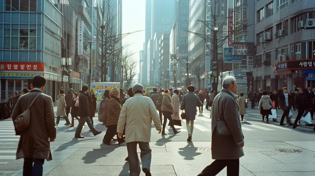 A bustling city street scene in Japan, with a mix of pedestrians crossing the street and walking along the sidewalks. Tall buildings line the street, and a variety of shops and businesses can be seen. The atmosphere is lively and busy, capturing a typical day in a bustling city.  The image is taken from a street level perspective.