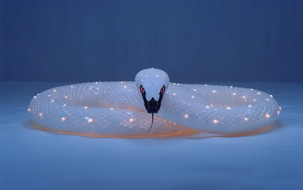 A white snake made of glass, with a black and red head, lies curled up on a light blue background. The snake is illuminated from within, casting a soft glow. The glass is translucent, revealing the intricate details of the snake's scales. The snake's eyes are closed, giving it a peaceful and serene appearance.