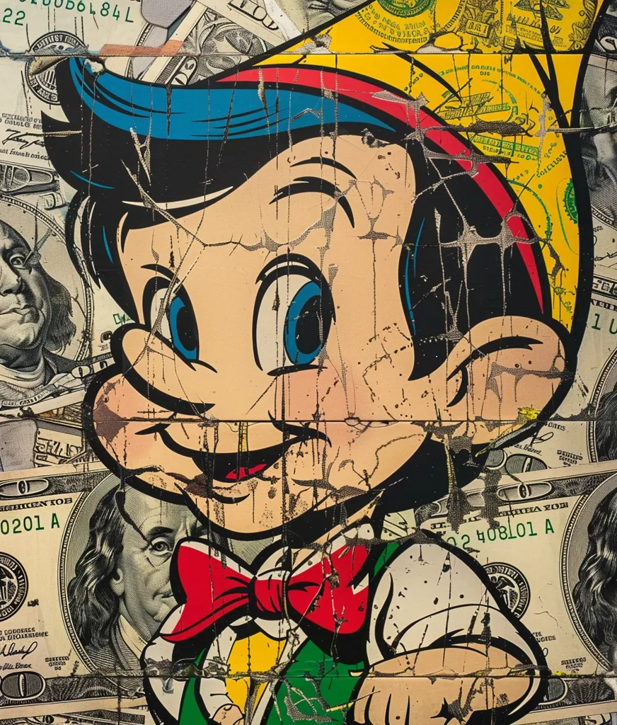 A cartoon character with a mischievous grin, resembling a young boy, is depicted against a backdrop of fragmented US dollar bills. The character wears a green vest, a red bowtie, and a yellow cap. The image has a distressed and graffiti-like aesthetic, with visible cracks and paint splatters, suggesting a playful and rebellious attitude. The juxtaposition of the innocent cartoon character with the fragmented dollar bills creates a visually striking commentary on money, youth, and societal values.