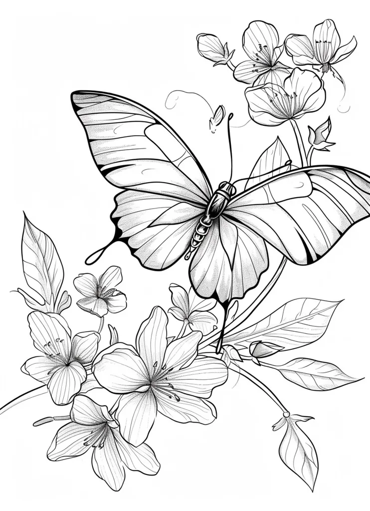 A delicate black and white illustration of a butterfly perched on a branch of blooming flowers. The butterfly has detailed wings and a long, slender body, while the flowers are depicted with intricate petals and leaves. The overall image conveys a sense of beauty, fragility, and the passage of time.