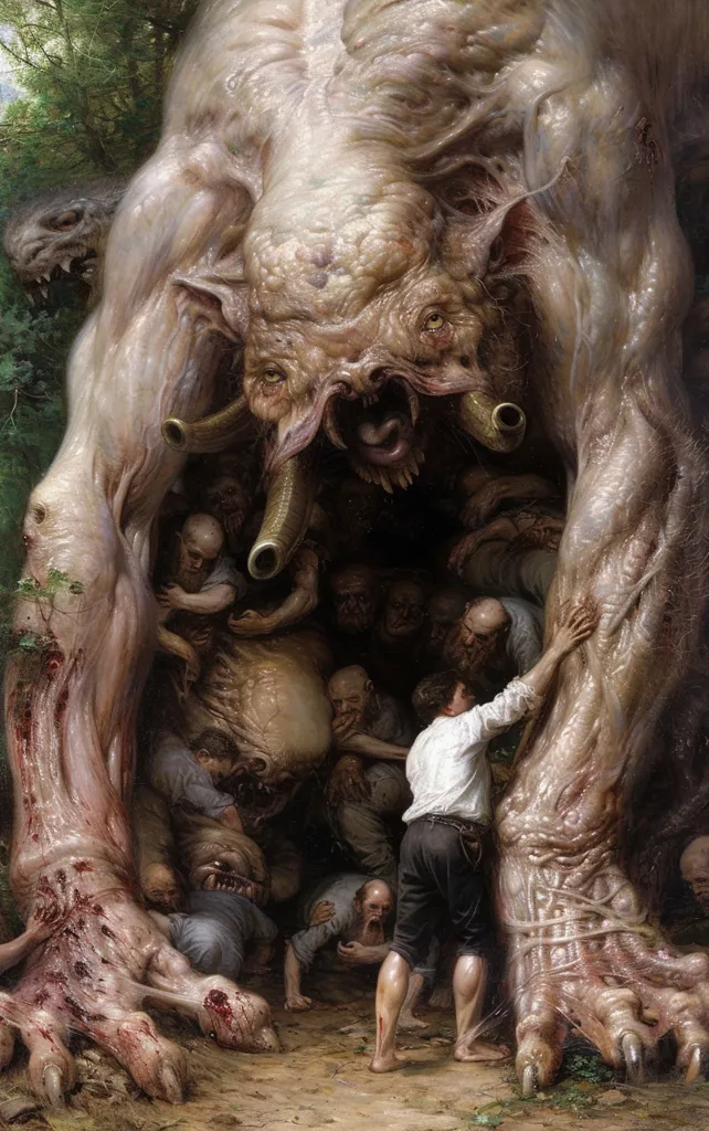 A grotesque, fleshy monster with multiple eyes and horns stands in a forest, its enormous legs blocking a group of people huddled beneath it. The monster's skin is pale and wrinkled, with a disturbingly open maw revealing rows of sharp teeth. The people below appear small and helpless, their faces filled with fear and resignation. The scene is painted in a realistic style, with vivid detail that emphasizes the horror of the situation.