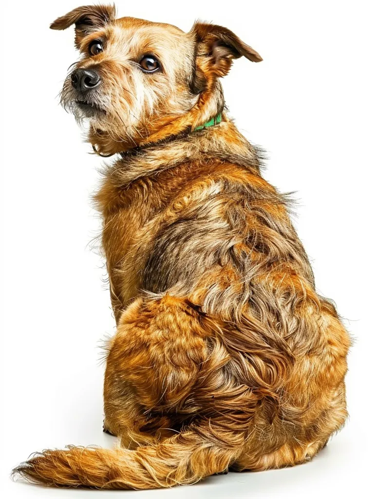 A small, brown and tan dog with a long tail and a green collar is sitting facing away from the camera. Its ears are perked up, and it has a long, bushy tail. The dog is looking over its shoulder, as if it is curious about something. The background is a white, plain background.