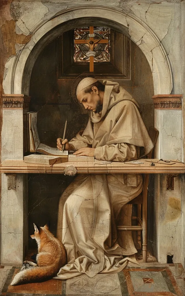 The image depicts Saint Anthony of Padua, dressed in brown robes, sitting at a table in a stone alcove. He is writing in a book with a quill pen, while a fox sits to his left, seemingly watching him. The scene is illuminated by a stained glass window above, depicting a crucifix. The painting is characterized by its realistic details and warm color palette.