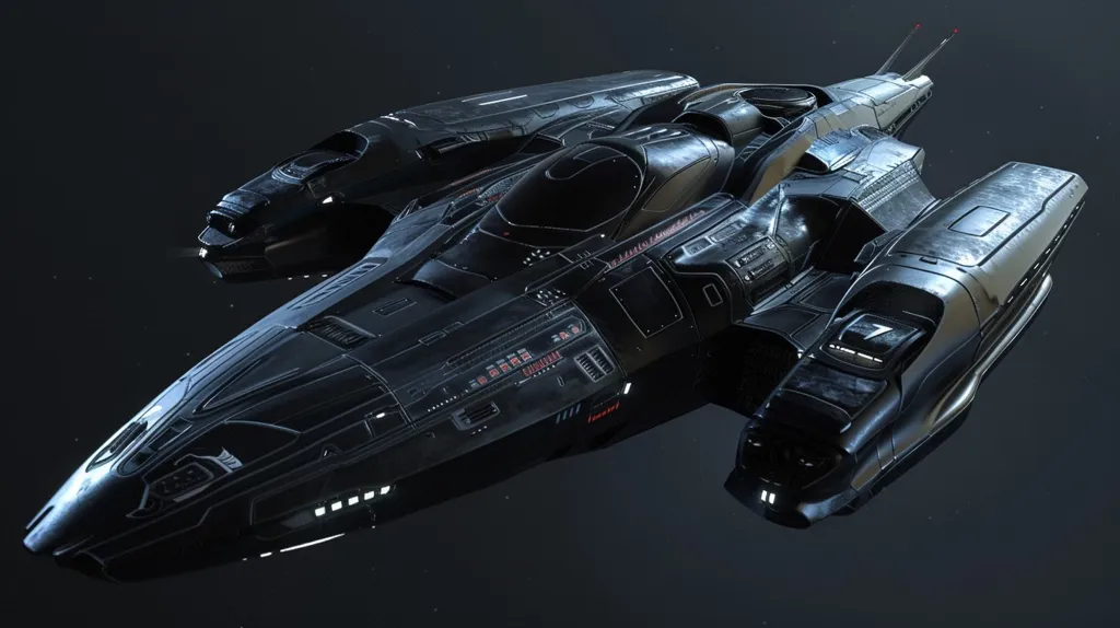 A sleek, black spaceship with a long, pointed nose and angular wings. It has a distinctive design with intricate detailing, including glowing lights and a large, round cockpit window. The ship appears to be in space, surrounded by a dark, starry background. It gives off an impression of speed, power, and futuristic technology.