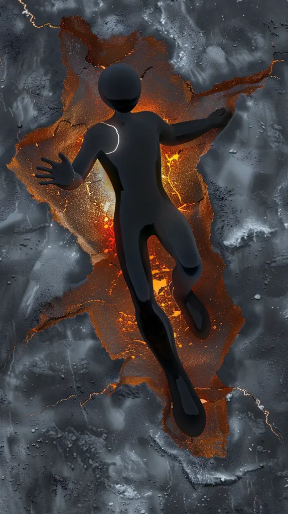 A shadowy figure with outstretched arms emerges from a crack in a dark, textured surface. The figure is silhouetted against a background of swirling orange and yellow hues. The overall image is dramatic and evocative, suggesting a sense of emergence, transformation, or perhaps even a struggle against the constraints of the surface. The dark figure's pose seems to express a sense of reaching out or yearning.