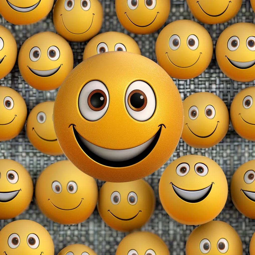 The image is a close-up of a field of yellow smiley faces. The central smiley face is larger and more prominent than the rest. All the smiley faces are brightly colored and have large, wide grins. The background is a blurred grey, resembling a woven texture. The image conveys a cheerful and positive message.