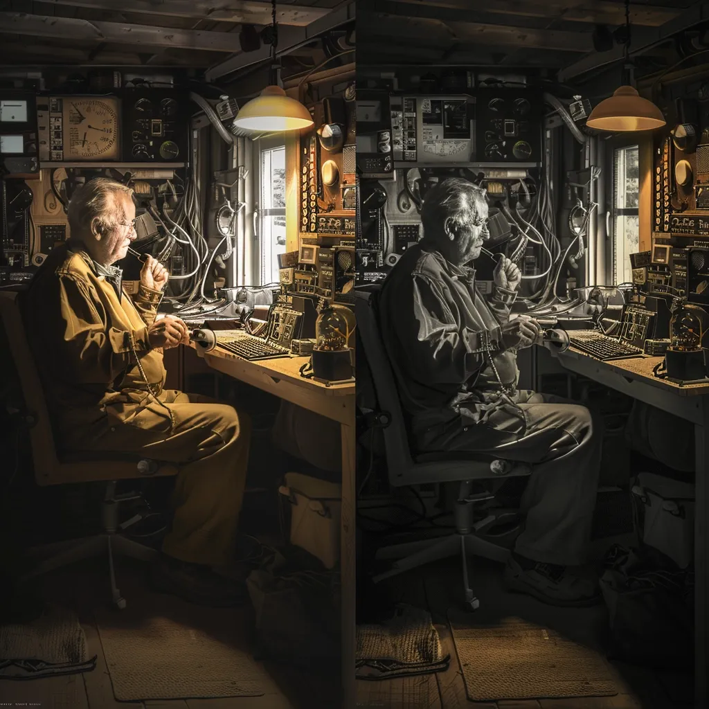 An older man sits at a desk in a cluttered room, his back to the camera. He's wearing a tan shirt and pants and holding a microphone to his mouth. The room is filled with electronics and wires, and a large window lets in some light. The man's shadow is cast on the floor. The image is divided into two parts, one with warmer tones and one with cooler tones. Both parts are lit by overhead lights. The image is reminiscent of a cozy home office where a man is engrossed in a hobby, or a small business where the owner is working diligently.