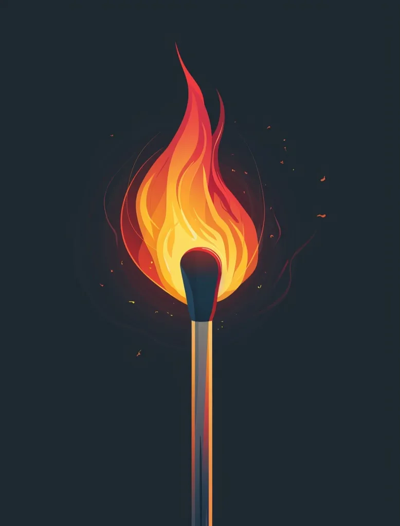 A single matchstick, set against a dark background, burns brightly. The flame is a vibrant orange and red, with subtle hints of yellow, creating a striking contrast to the deep blue of the surroundings.  The matchstick itself is a simple, gray cylinder, standing tall and straight.  The image captures the raw power and fleeting beauty of fire, with a minimalist yet powerful aesthetic.