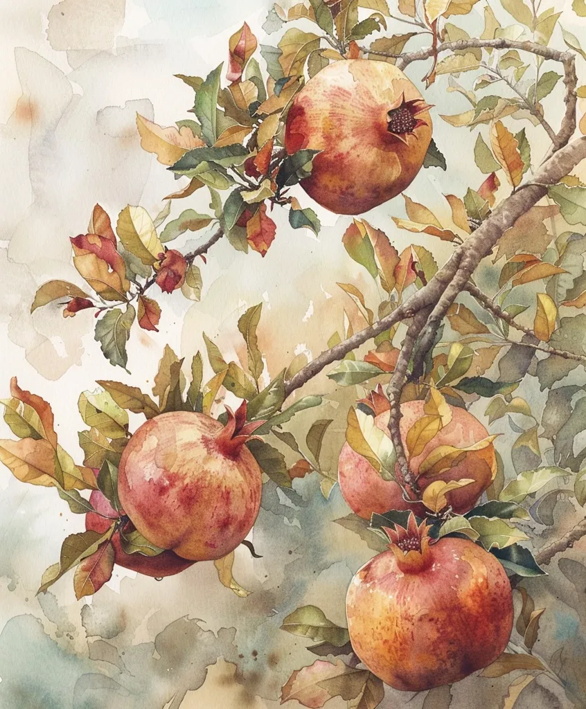The watercolor painting depicts a pomegranate tree laden with fruit.  The branches are thick with leaves, some of which are turning red and brown.  The pomegranates are plump and ripe, their red skins glowing in the sunlight. The background is soft and blurry, suggesting a warm, hazy day.  The painting captures the beauty and abundance of a fruitful harvest.