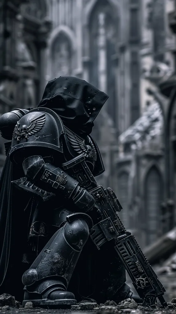 A dark, armored figure stands in the ruins of a city.  The figure is shrouded in shadow and is holding a large, menacing weapon.  The figure's armor is detailed and intricate, with symbols and markings that suggest a warrior of great power.  The background is a blurred image of crumbling buildings and stone arches, suggesting a world ravaged by war. The overall tone of the image is one of mystery and foreboding.