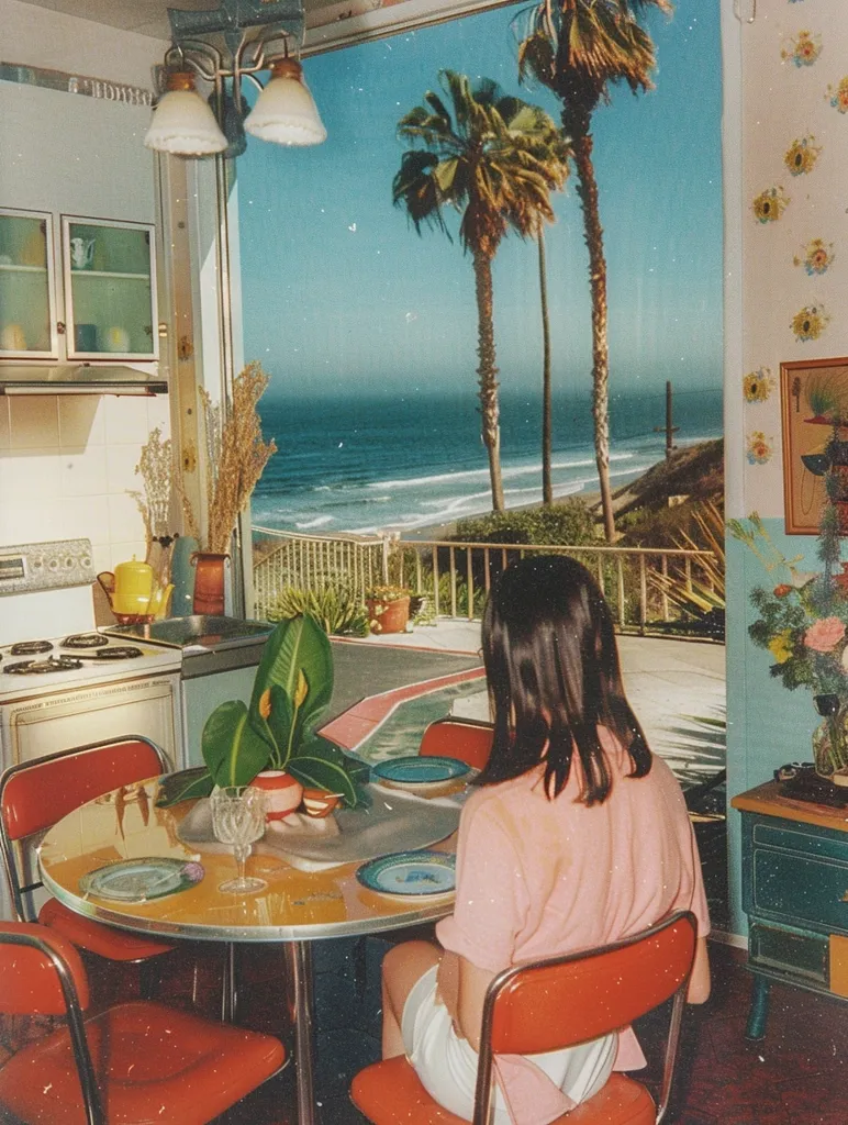 A woman sits at a kitchen table with a large window overlooking a beach scene. Palm trees sway in the breeze. The kitchen is bright and sunny, with red chairs, a round table, and a plant in a pot. The woman is wearing a pink shirt and white shorts. The photo has a retro feel with grainy texture and a slightly faded color palette.