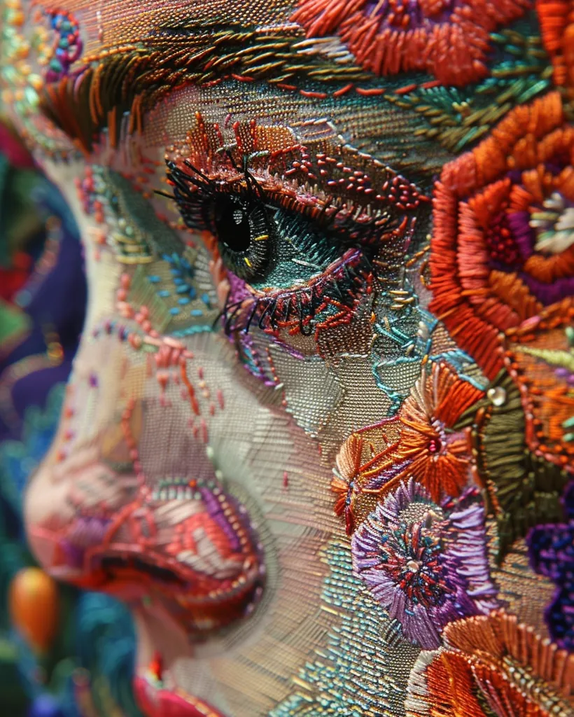 A close-up of a face embroidered with colorful threads, focusing on a single eye. The embroidery is intricate and detailed, creating a realistic and almost three-dimensional effect. The use of various colors and textures, including flowers and leaves, adds to the beauty and complexity of the artwork. The eye is particularly striking, with long eyelashes and a bright, inquisitive gaze.  The image captures the skill and artistry of the embroiderer, who has painstakingly created a stunningly realistic representation of a human face.