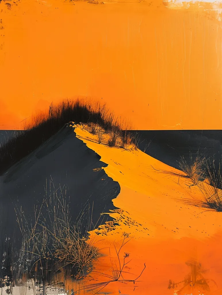 The image depicts a minimalist landscape with a large orange sand dune that dominates the foreground. The dune is partially obscured by black shadows and sparse brush, adding a sense of depth. The background features a bright orange sky, suggesting a sunset or sunrise, creating a warm and inviting atmosphere. The overall composition is simple and abstract, capturing the essence of a desert environment.