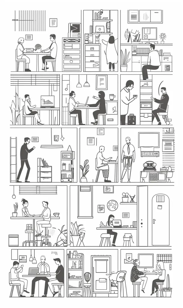 The image is a black and white illustration depicting a series of office scenes. The layout is like a comic strip, with each panel showing different people working at their desks, in meeting rooms, or chatting with colleagues. The artwork features simple lines and minimal details, creating a clean and minimalist aesthetic.  The image captures the daily routines and interactions within a modern office environment.