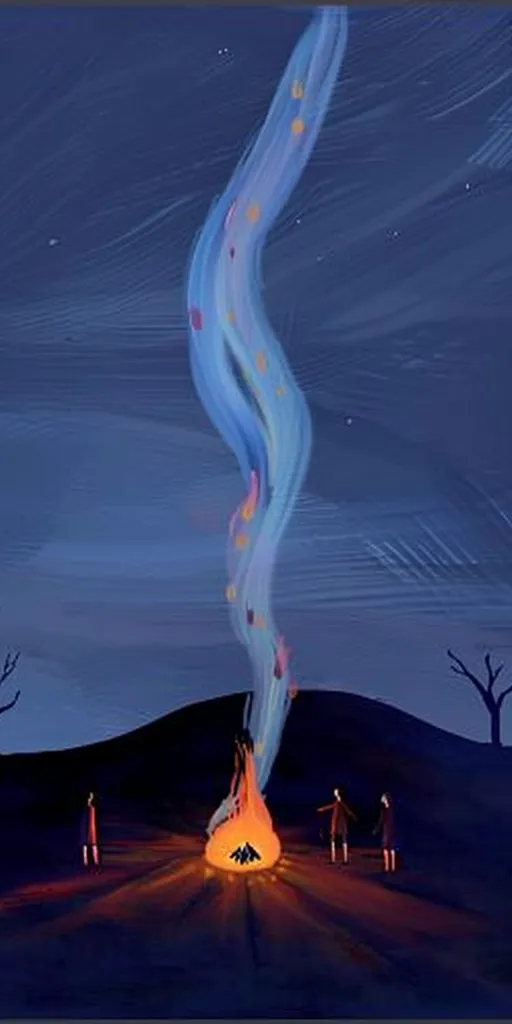 The image depicts a campfire burning brightly in the center of the scene, surrounded by three figures. A long, ethereal blue stream of smoke, dotted with orange specks, ascends from the fire into the night sky. The scene is rendered in a painterly style, with soft strokes and a whimsical, dreamy atmosphere.  The background is a deep blue, suggesting a nighttime setting, with silhouetted trees on either side.