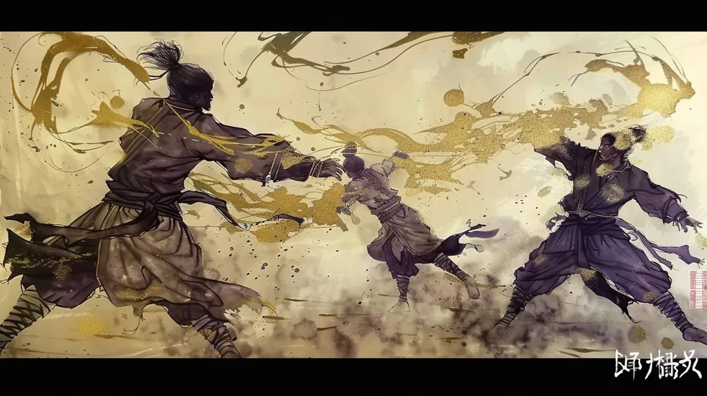 The image depicts three figures in a dynamic, stylized fight, their movements captured in an artistic way using ink and gold paint. The background is a blend of splatters, streaks, and swirls, adding to the chaotic and intense nature of the scene. The figures are dressed in traditional Japanese clothing, and their expressions are filled with determination and aggression. The overall impression is that of a fierce and dramatic battle,  enhanced by the use of bold lines and dynamic shapes.